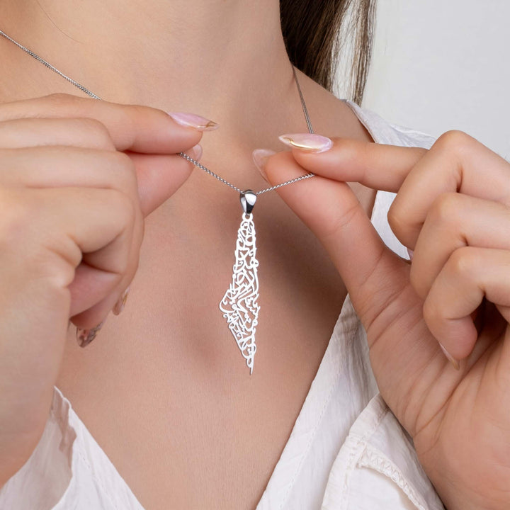 Palestine Calligraphy Map Necklace