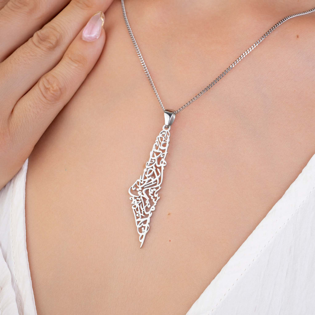 Palestine Calligraphy Map Necklace