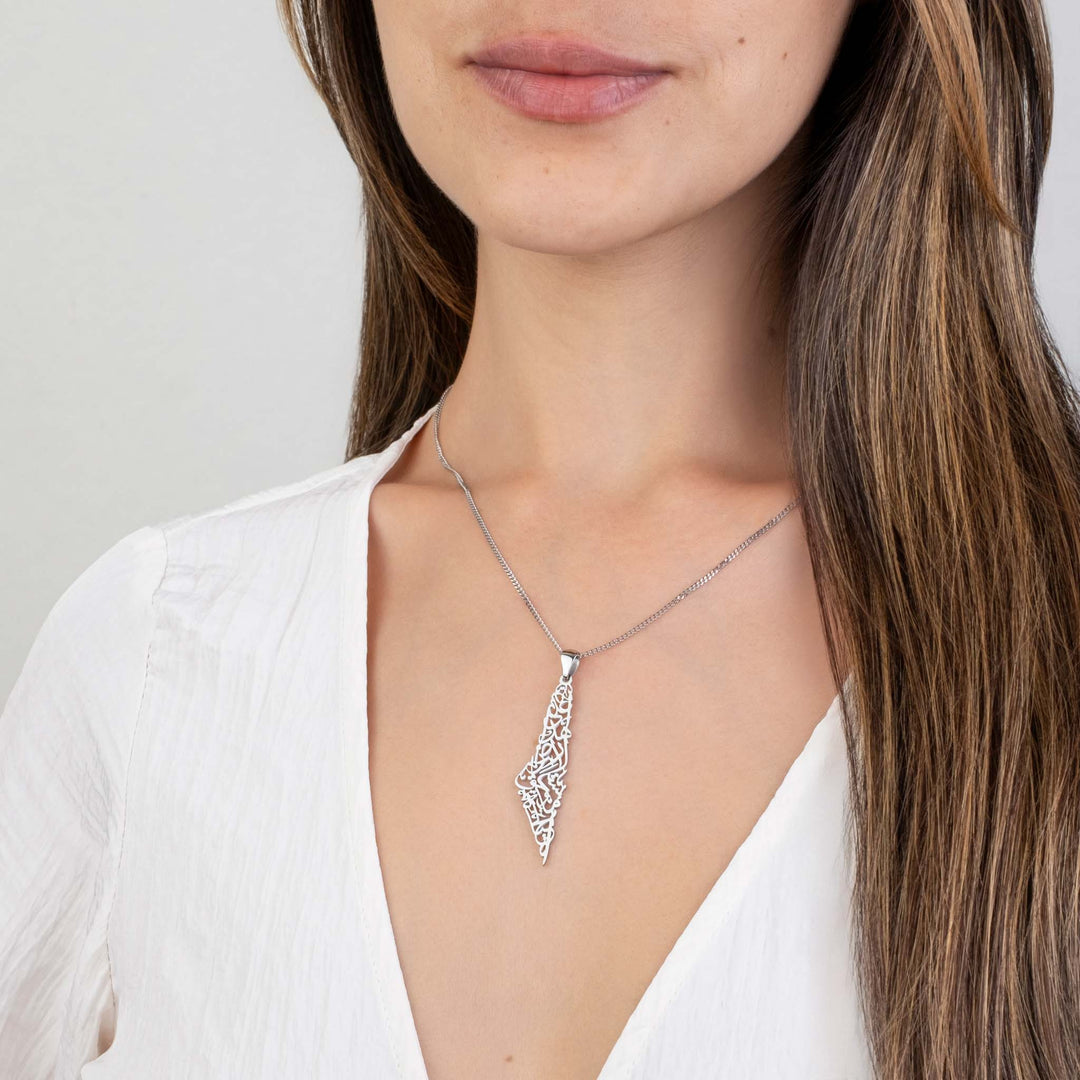 Palestine Calligraphy Map Necklace