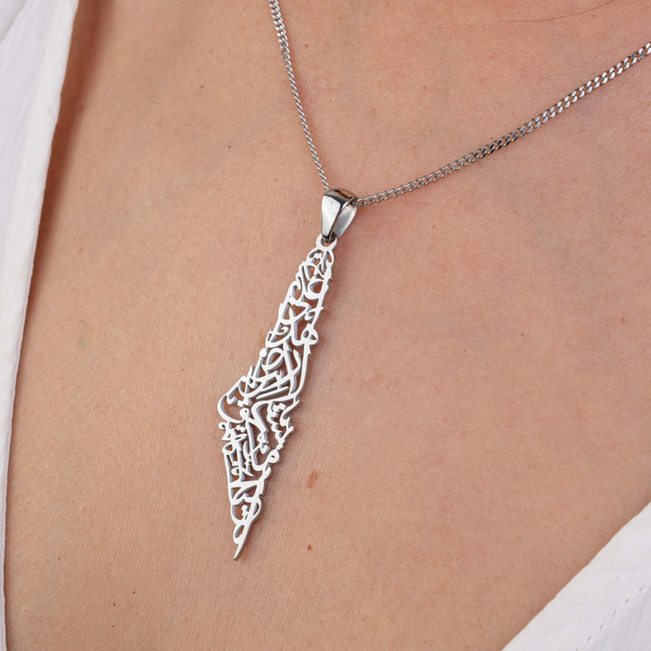 Palestine Calligraphy Map Necklace