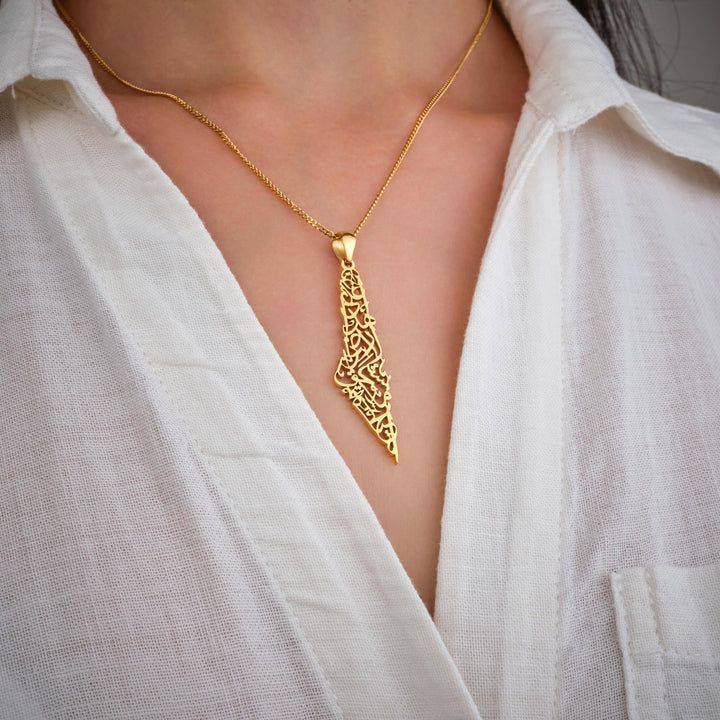 Palestine Calligraphy Map Necklace