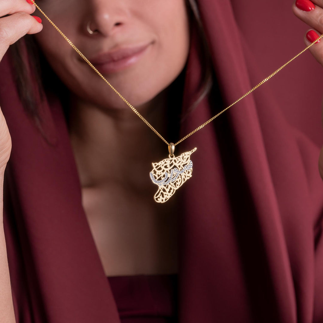 Syria Map Necklace with Arabic Calligraphy Diamonds