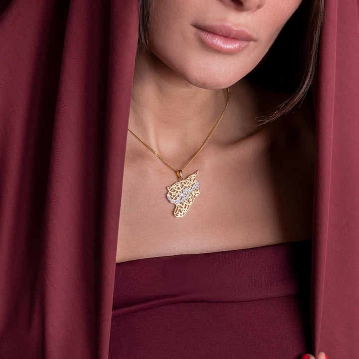 Syria Map Necklace with Arabic Calligraphy Diamonds