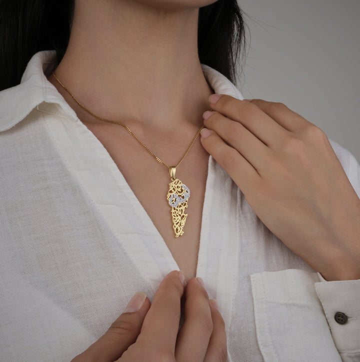 Lebanon Map Necklace with Arabic Calligraphy Diamonds