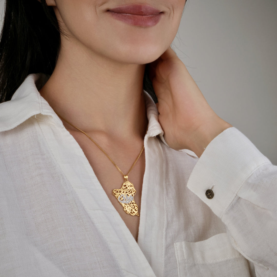Iraq Map Necklace with Arabic Calligraphy Diamonds