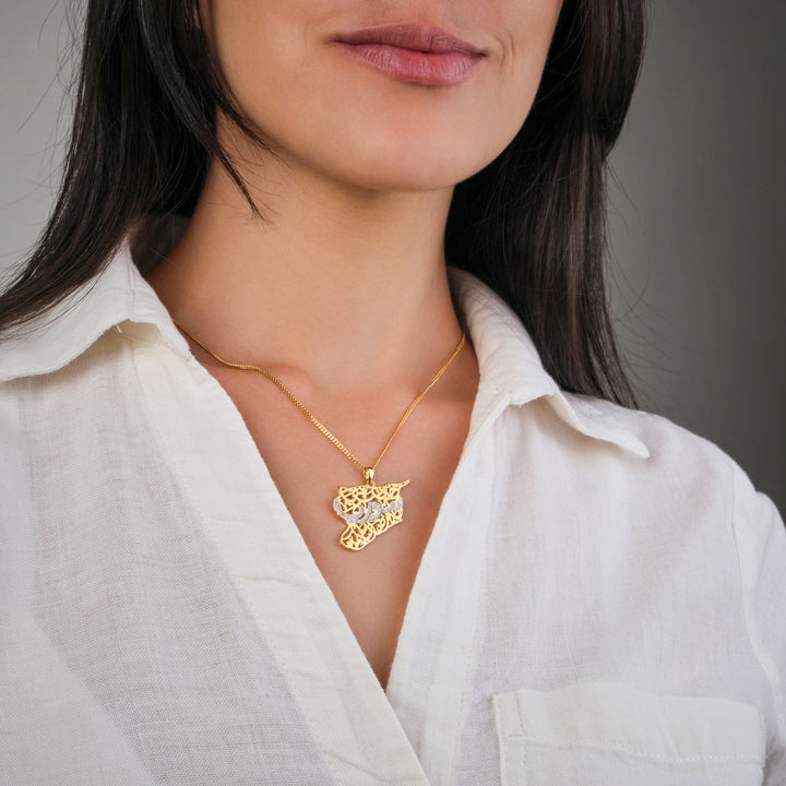 Syria Map Necklace with Arabic Calligraphy Diamonds
