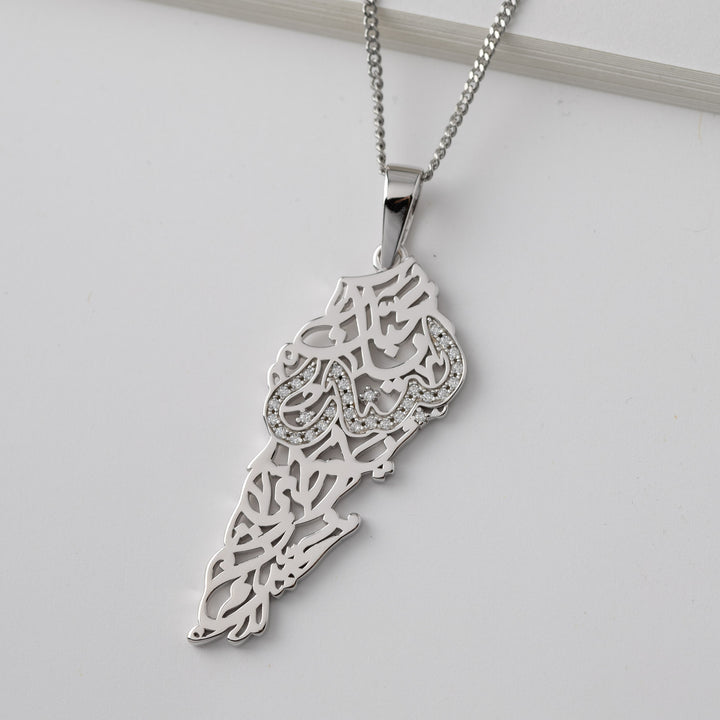 Lebanon Map Necklace with Arabic Calligraphy Diamonds