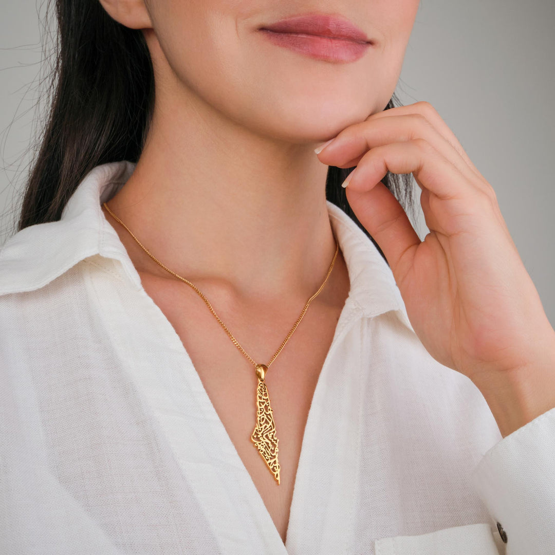 Palestine Calligraphy Map Necklace