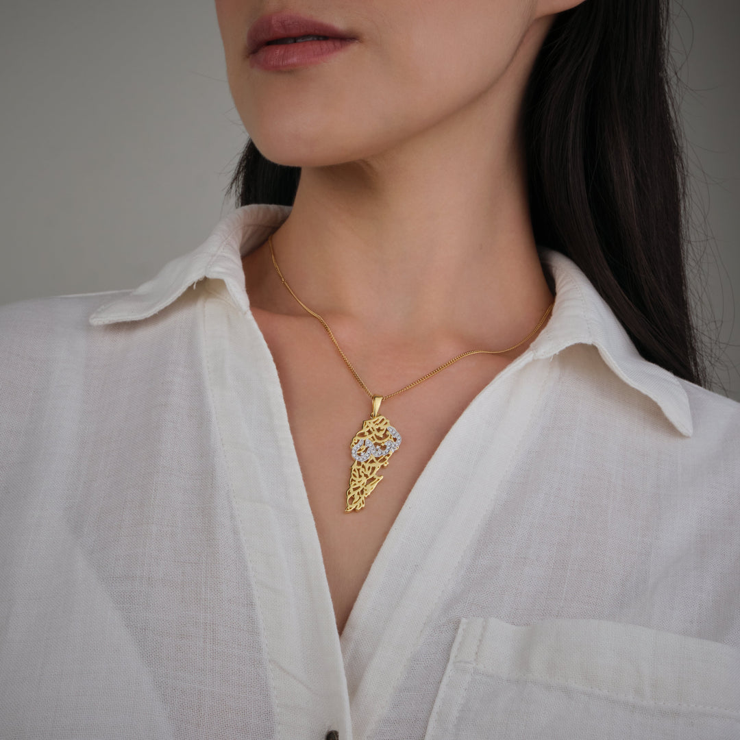 Lebanon Map Necklace with Arabic Calligraphy Diamonds