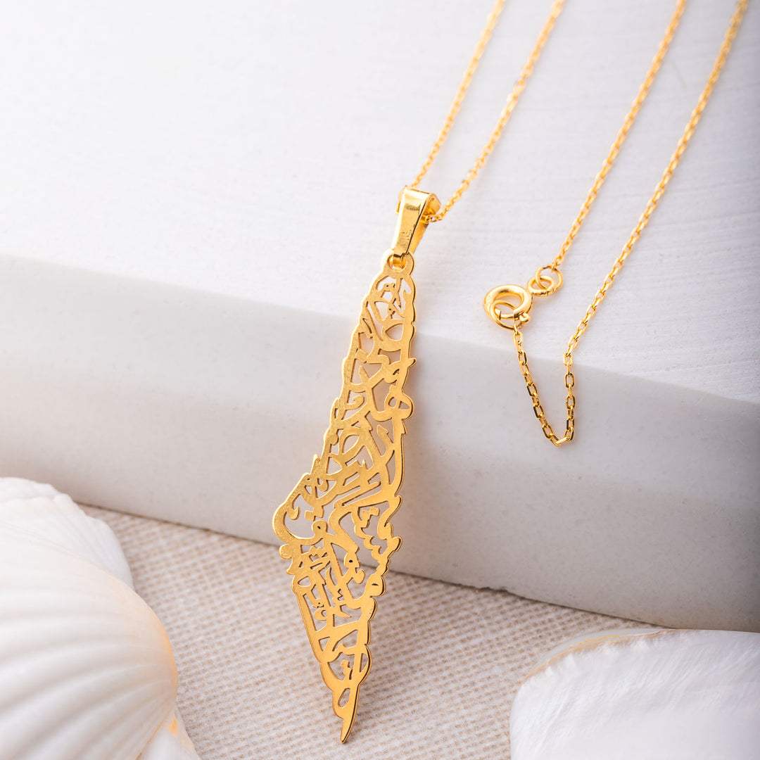 Palestine Calligraphy Map Necklace